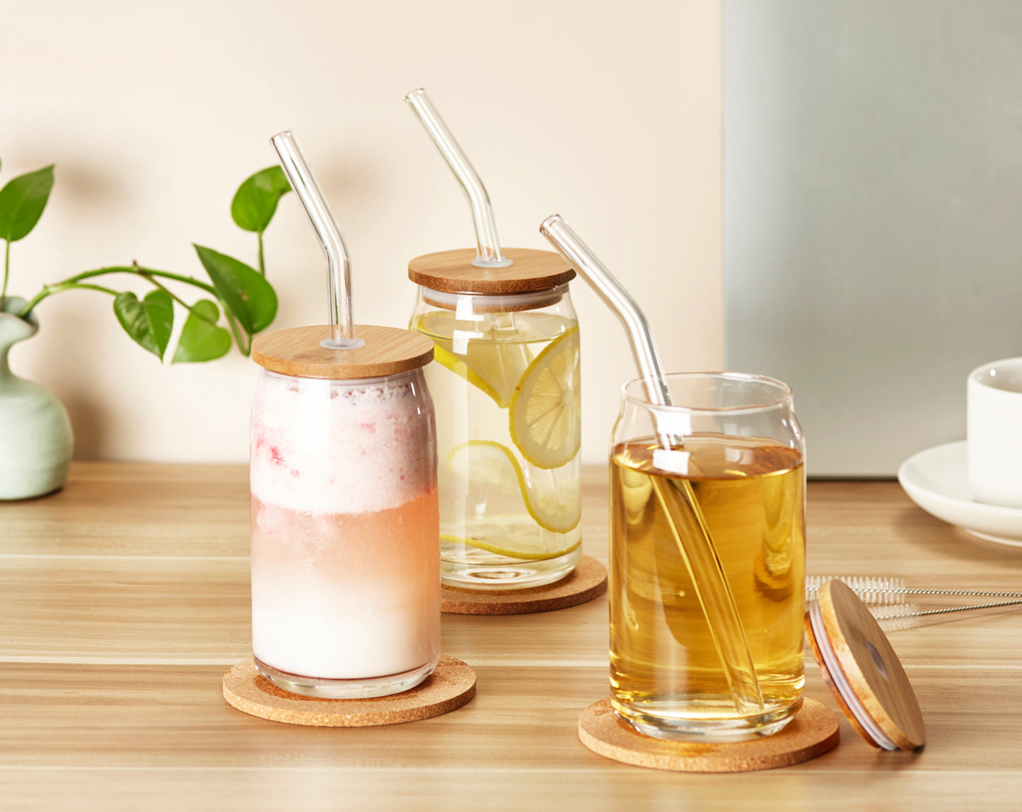 Drinking Glasses with Bamboo Lids and Glass Straw 4pcs Set