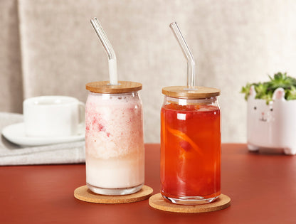 Drinking Glasses with Bamboo Lids and Glass Straw 4pcs Set