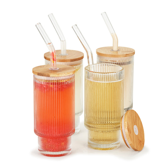 Ribbed Glass Cups with Straws 12oz